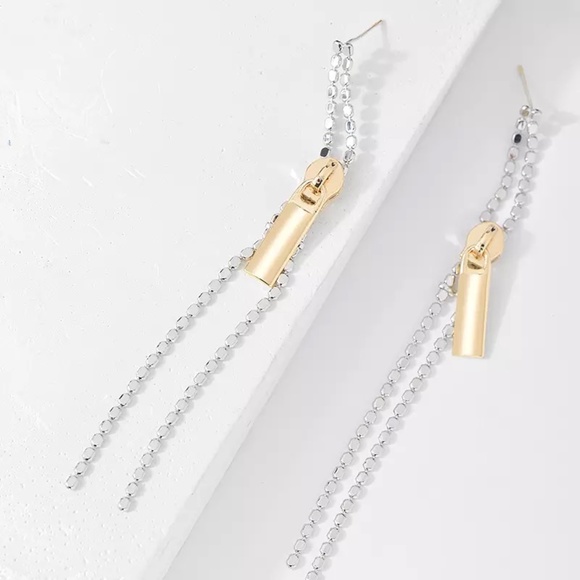 Zipper Tassel Silver and Gold Two-Tone Earrings - Picture 2 of 6